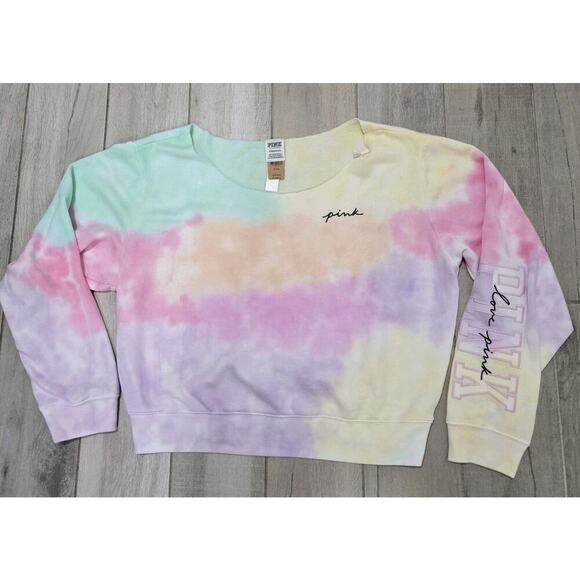 Victorias Secret PINK Sweatshirt XL Off Shoulder Tie Dye Pastel Rainbow Pullover - Picture 3 of 11